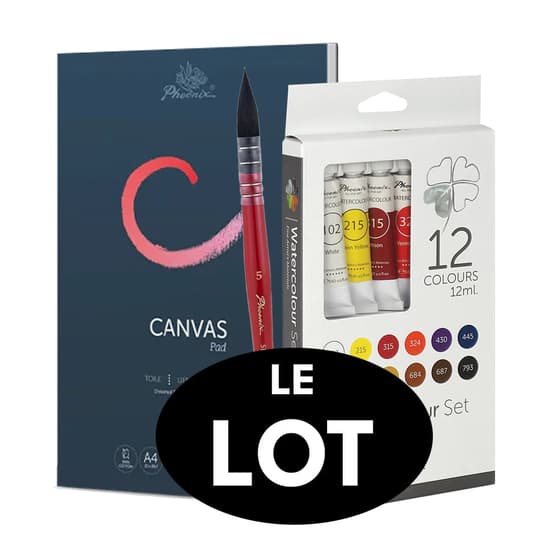 Set 12 tubes aquarelle 12ml PHOENIX avec pinceau  bloc toiles A4 x10 pour acryliquehuile et pinceau