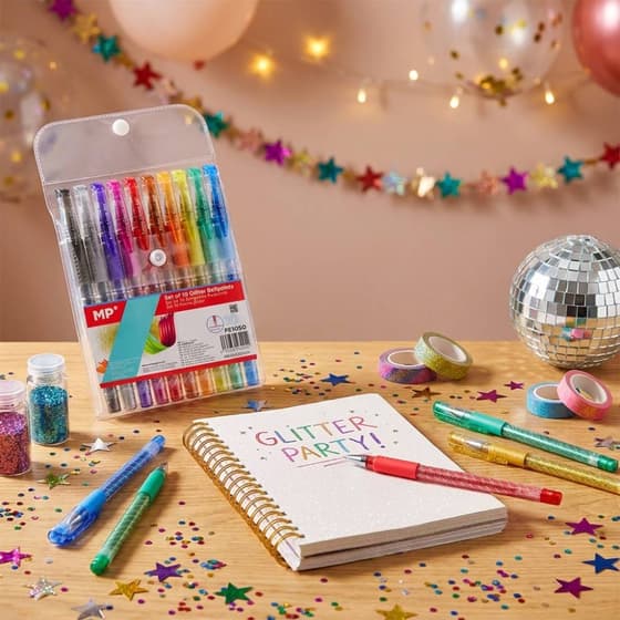 VA-Lot de 10 stylos bille pailletés pointe moyenne