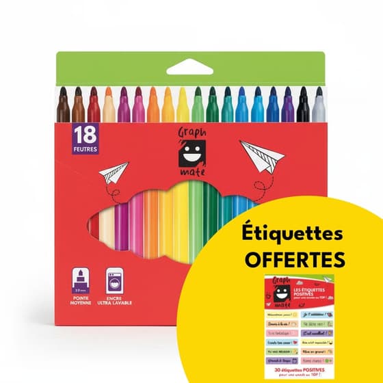 18-feutres-pointe-moyenne-GRAPHMATE-super-lavable-et-30-etiquettes-positives-GRAPHMATE-Offertes