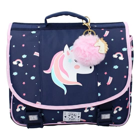 Cartable-MILKY-KISS-Born-to-Be-Licorne-2-compartiments-38cm-et-Porte-cles-boule-pompon-fourrure-rose