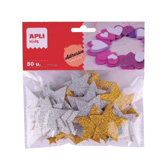 AGI18971-50-etoiles-mousse-adhesives-pailletees-apli-kids-or-et-argent