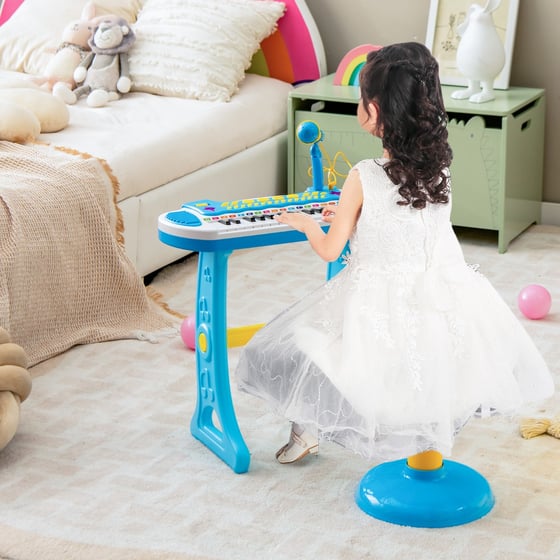 COSTWAY Piano Enfant 31 Touches – Microphone Orientable + Tabouret – Lumières Clignotantes – Dès 3 Ans (rose)