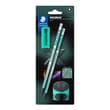 Lot de 2 crayons graphites HB + 1 taille crayon avec réservoir + 1 gomme STAEDTLER Norix 181 vert néon