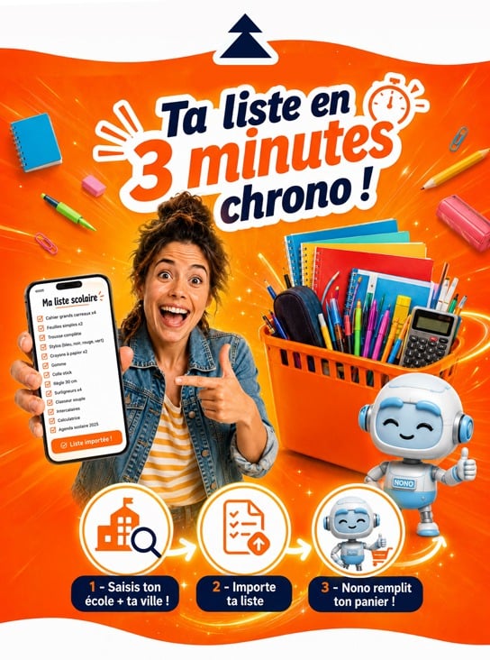 Ta liste en 3 minutes chrono : saisis ton école et ta ville, importe ta liste, Nono remplit ton panier