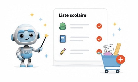 Nono le robot prépare une liste scolaire et l'ajoute au panier