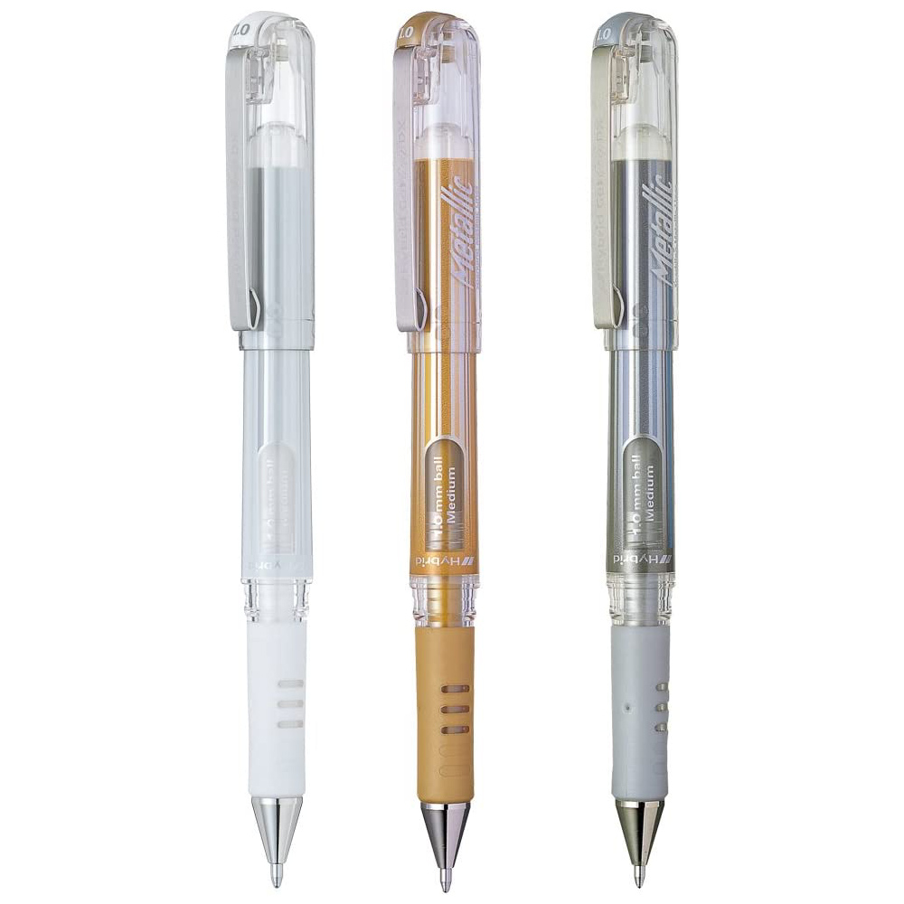 Lot de 3 stylos roller PENTEL Hybrid Gel Grip DX K230 métallisés or