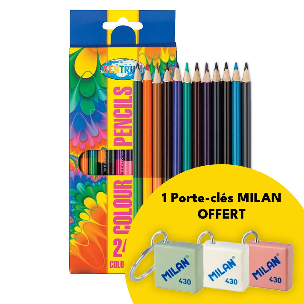 12 crayons de couleur bicolores 24 couleurs + porteclé Milan OFFERT