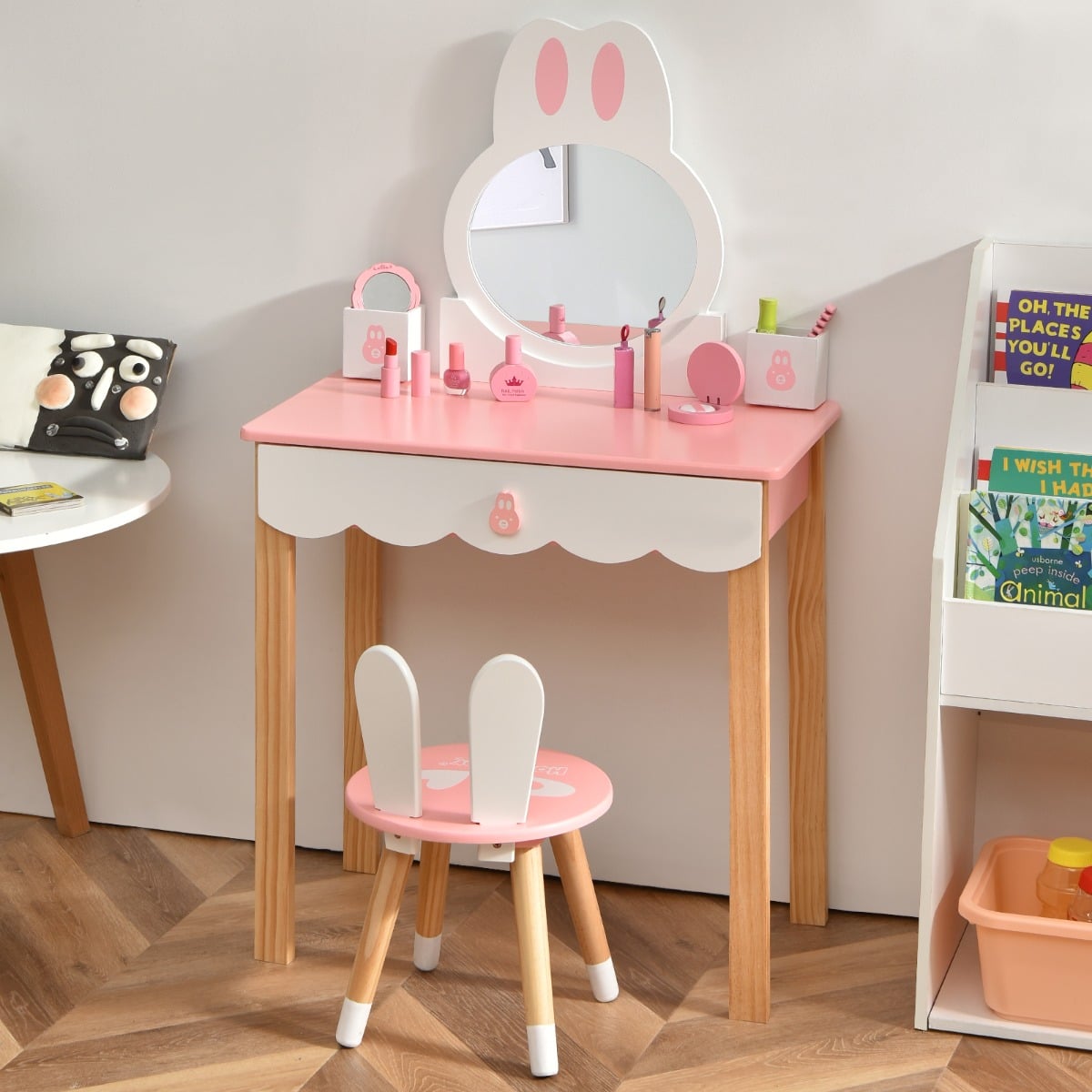 Tabouret Et Coiffeuse Enfant Rose – Mobilier Chambre Avec Tiroir, Dimensions 56x71 Cm