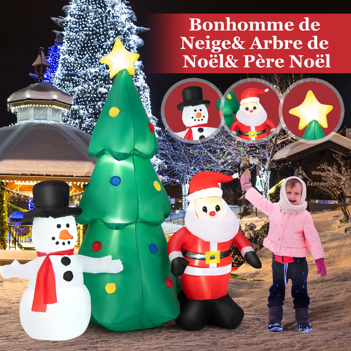 Ensemble de Décorations de Noël Gonflables de 180 cm avec Éclairage LED Imperméable Chez