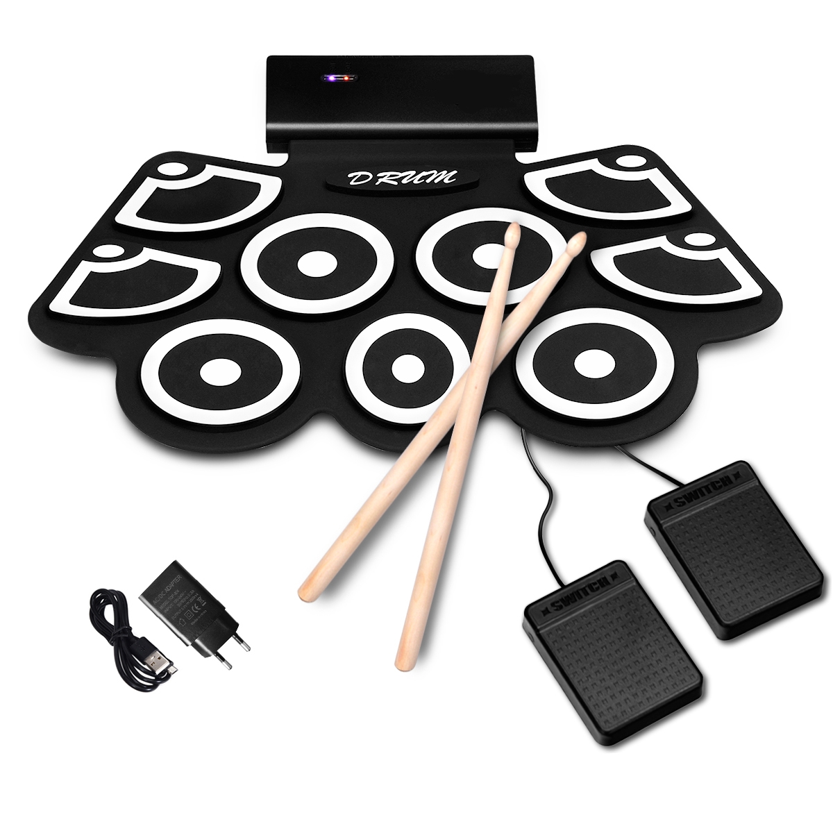 Batterie Électronique Air Fockety - Portable, Bluetooth/MIDI - Avec Pédales - Pour Débutants/Enfants
