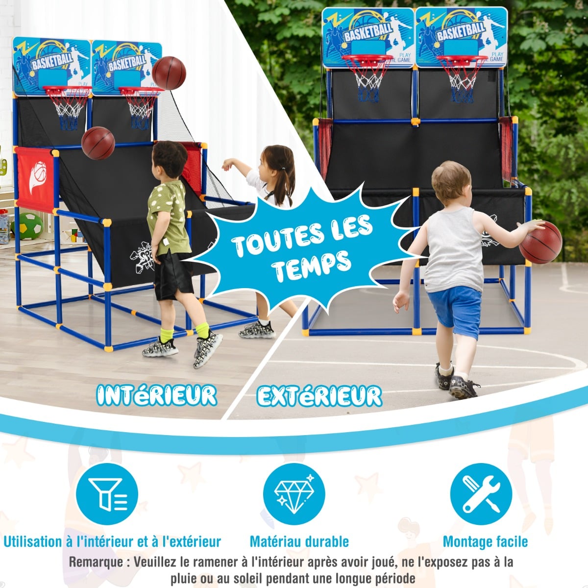 COSTWAY Jeux de Basketball Arcade à Double Tirs Enfants avec 4 Balls et 2 Paniers, Panier de Basketball Double Intérieur avec Pompe Gonflage pour Enfants de 3 Ans