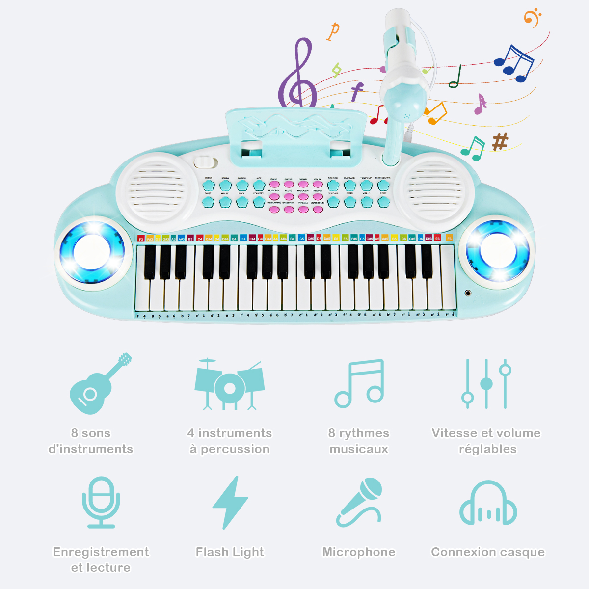 Piano électronique enfant 37 touches rose avec micro, tabouret, lumières, 22 chansons, USB/MP3, karaoké, mode apprentissage - Instruments de musique