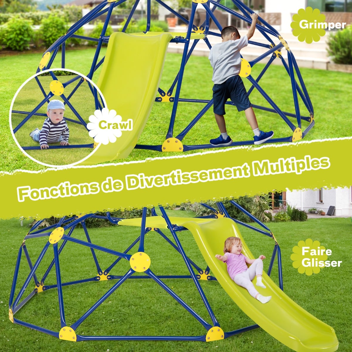 Dôme D'escalade Pour Enfants 3-10 Ans – 196x196x90,5 Cm, Acier Enduit, Capacité 200 Kg (3 Enfants), Poids 19,45 Kg