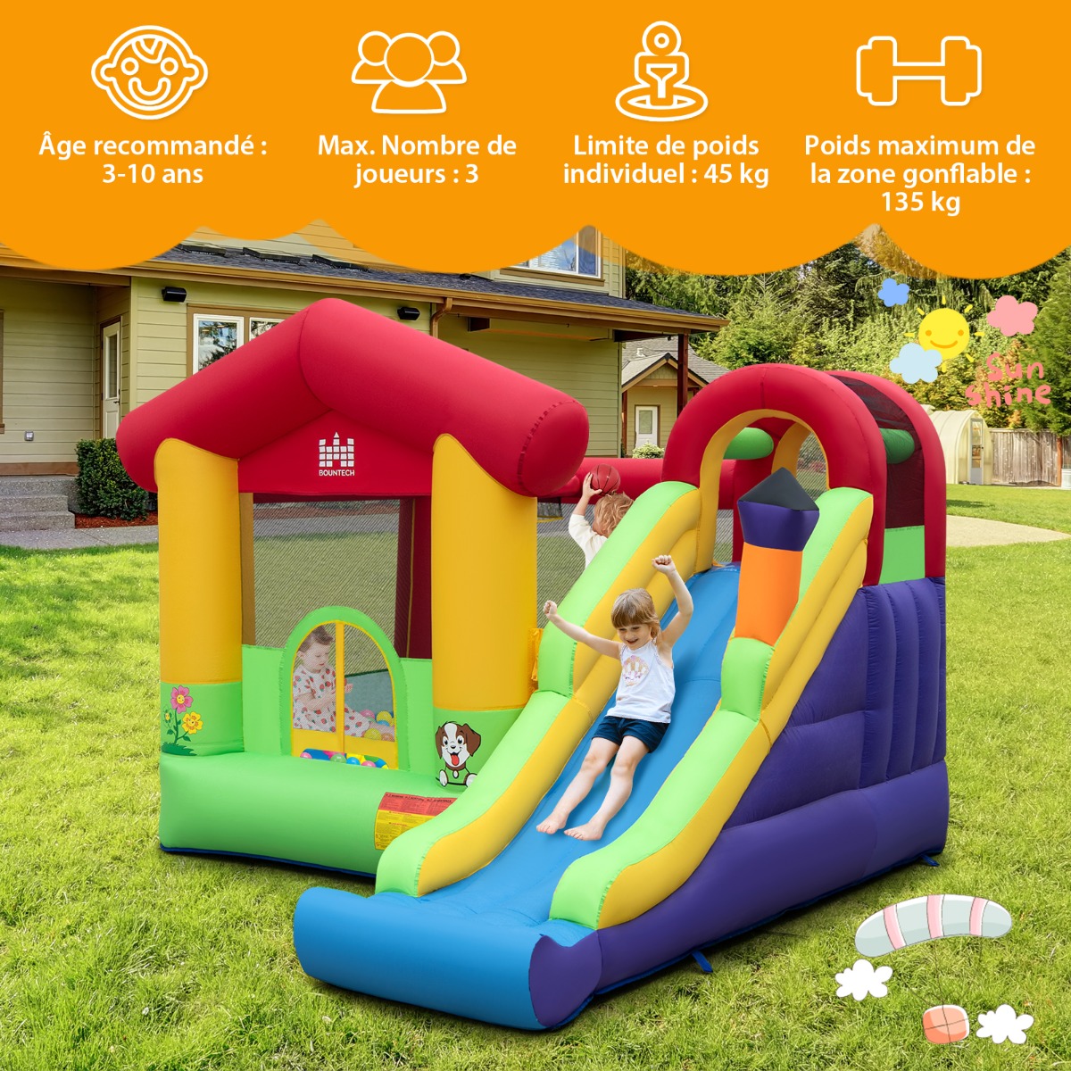 COSTWAY – Château Gonflable Avec Toboggan Et Piscine à Balles – Souffleur 680 W, Tissu Oxford, Charge 135 Kg – 3-10 Ans
