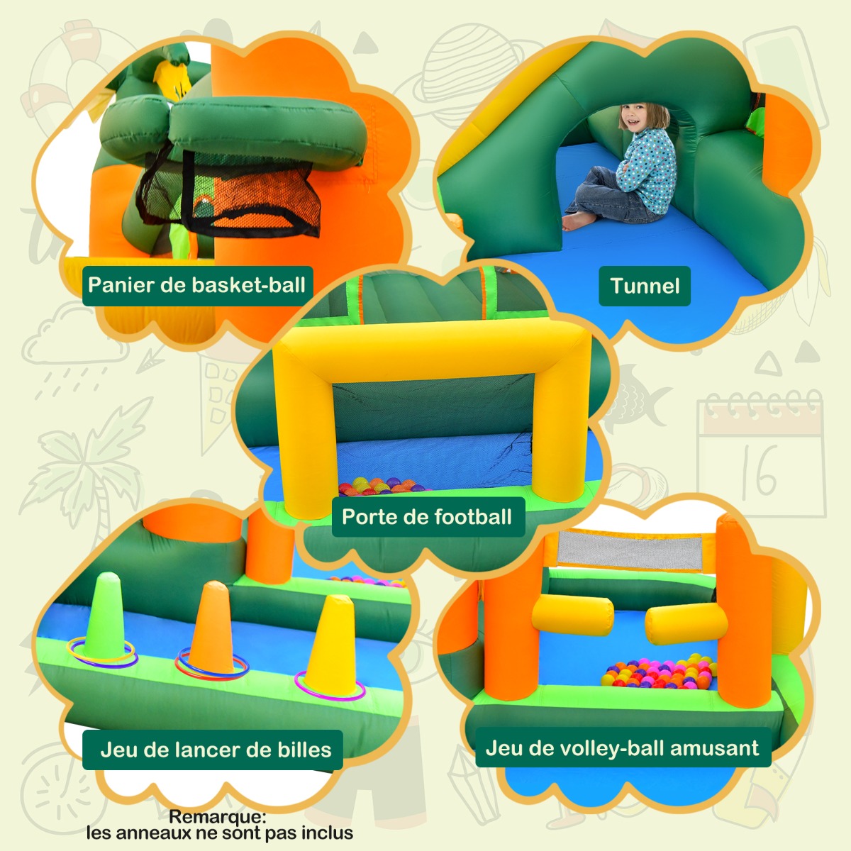 Ensemble Gonflable Tropical 8en1 avec Toboggan 50 Balles et 2