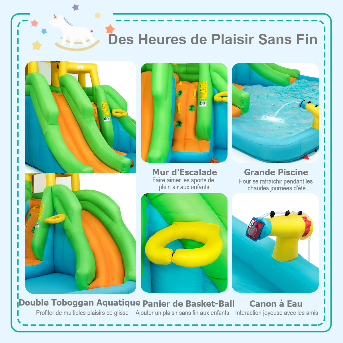 Château Aquatique Gonflable 4m – Toboggan, Escalade, Piscine – 3 à 4 Enfants – 70-150 Cm – 450W – Dès 3 Ans