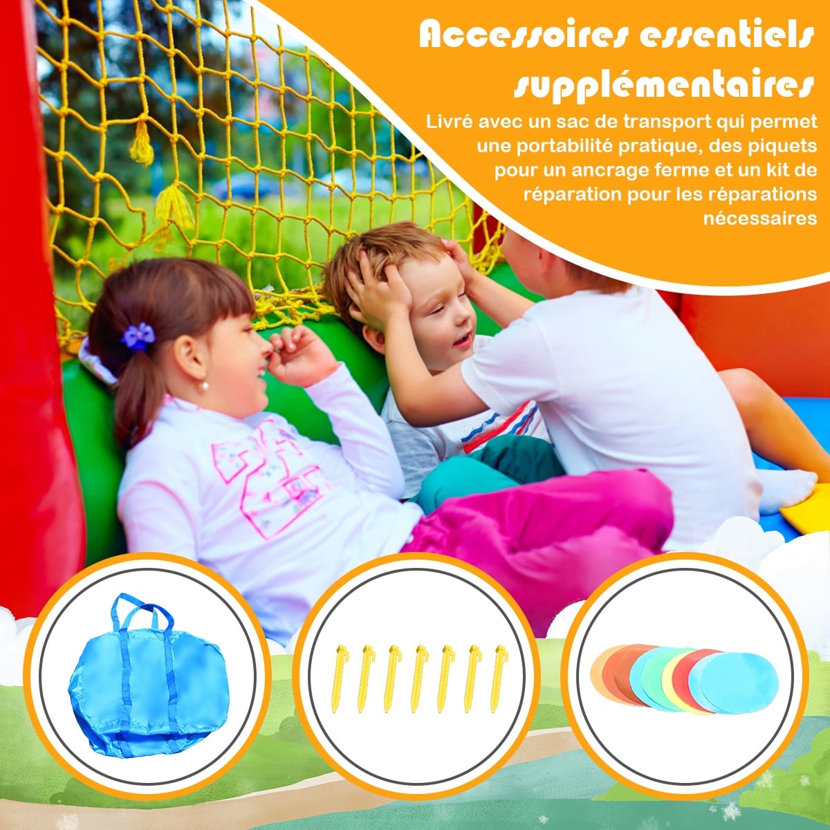 COSTWAY Château Gonflable Enfant – Toboggan, Basket, Mur D’escalade, Filet Sécurité, Sans Souffleur