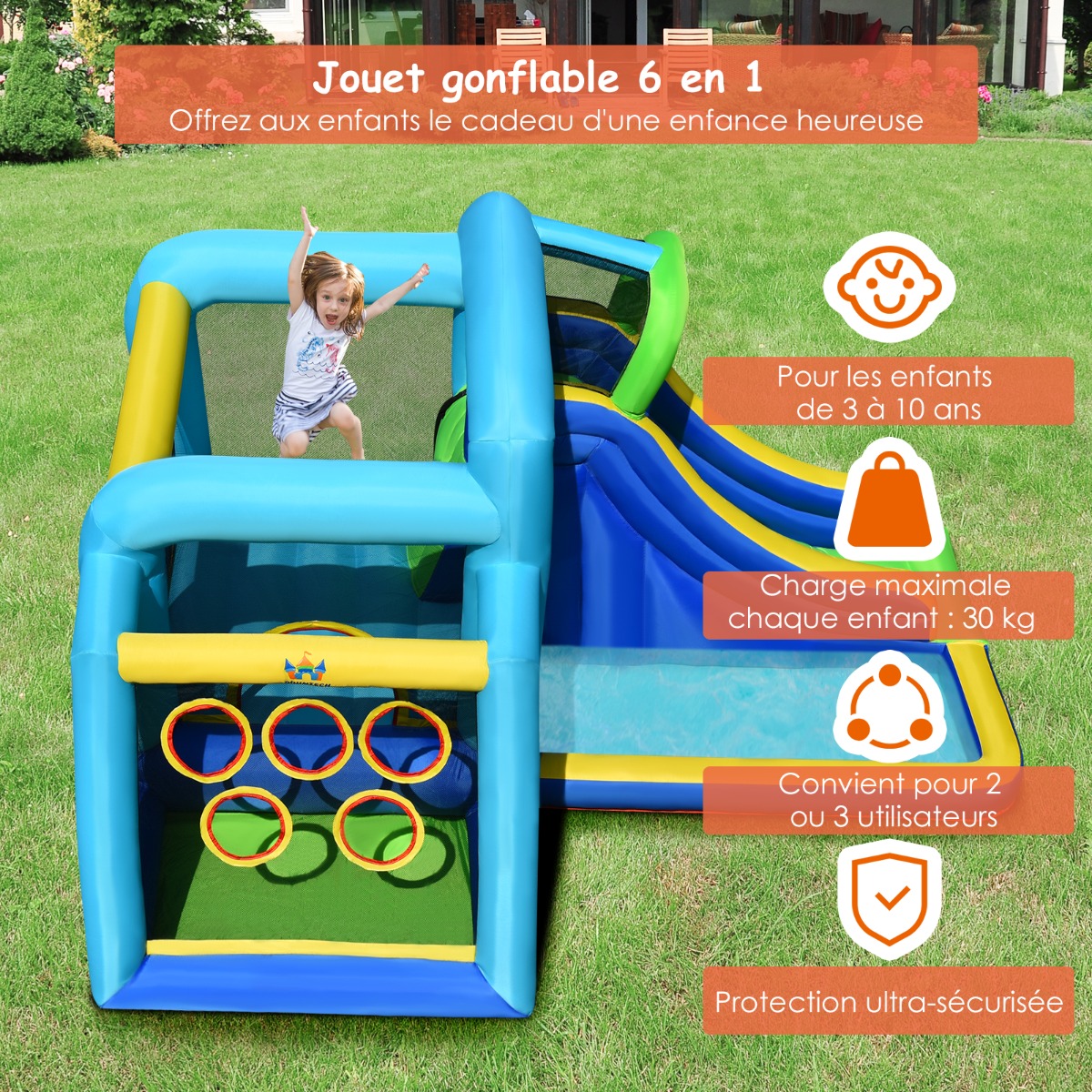 Ensemble de Jeu Gonflable 5en1 avec Toboggan Piscine à Balles et Mur