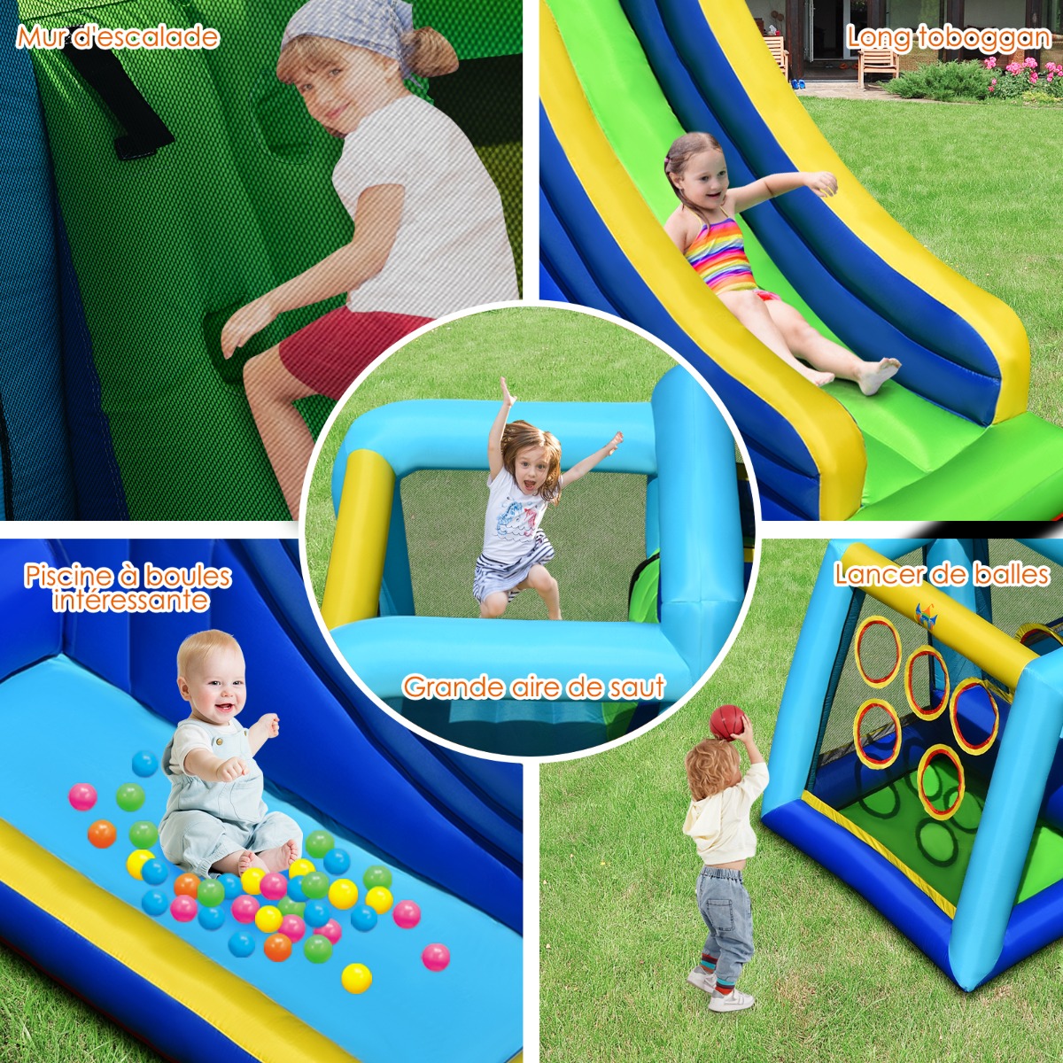 Ensemble de Jeu Gonflable 5en1 avec Toboggan Piscine à Balles et Mur