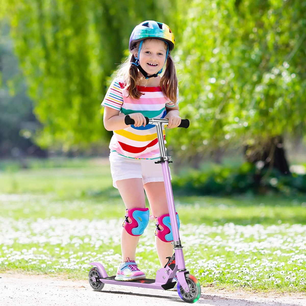 Trottinette Enfant LED Réglable En Hauteur - Roues Lumineuses Noir/violet - Jusqu'à 68kg
