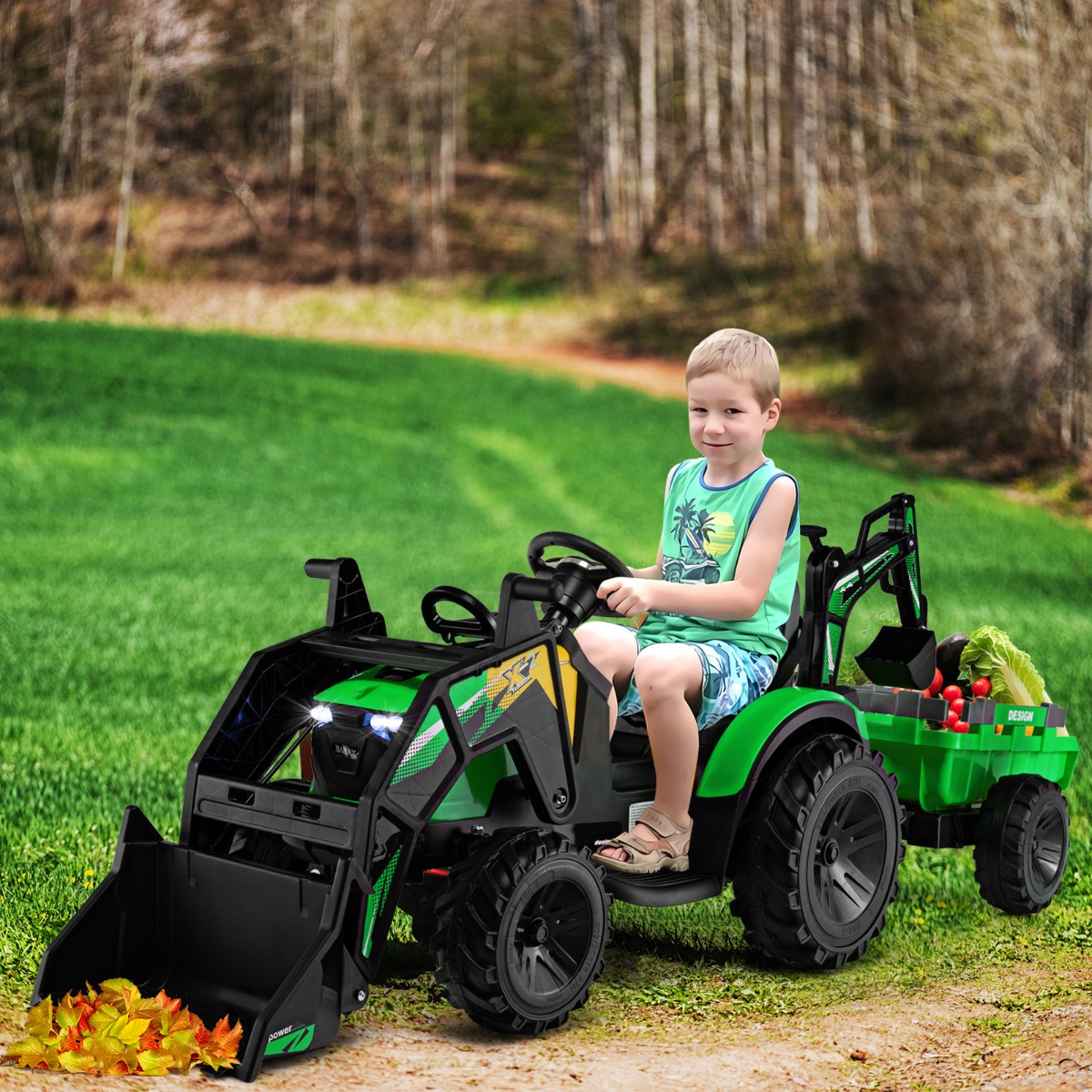 Tracteur électrique Enfant 12V Avec Remorque LEADZM - Télécommande 2,4 GHz, Lumière, Musique, 3-8 Km/h