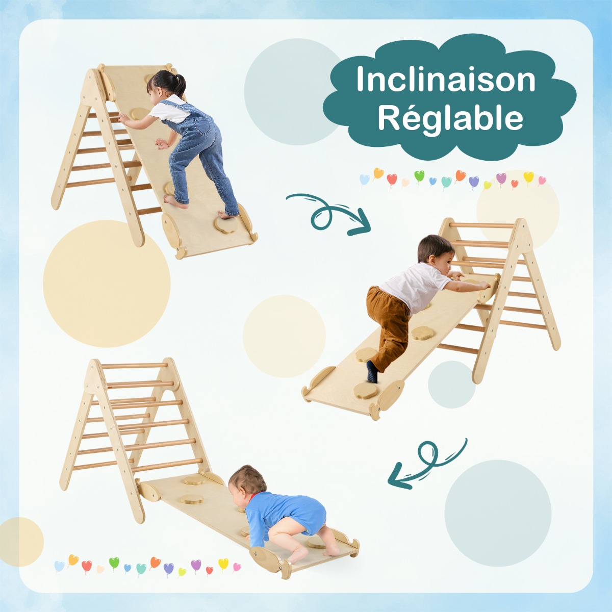 Triangle D'escalade 8 En 1 Enfant + Toboggan Double Face + Arc - Bois Peuplier, Charge 50 Kg - Pour Bébé 18 à 48 Mois - Pliable, Naturel