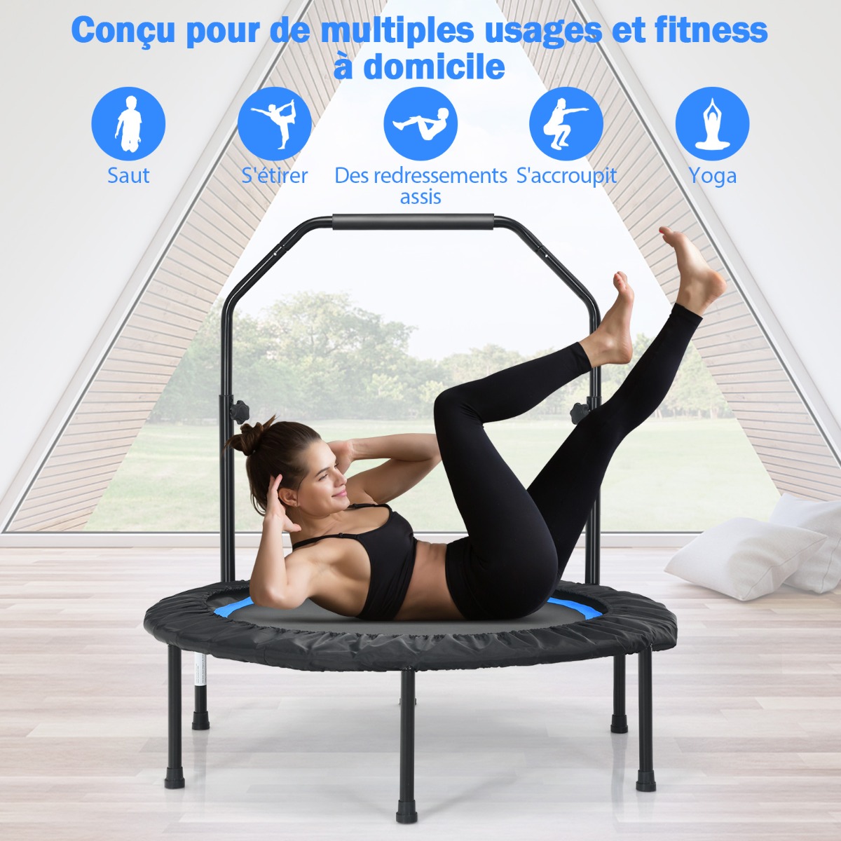 Trampoline de Fitness Pliable de 101 cm avec Main Courante Réglable en
