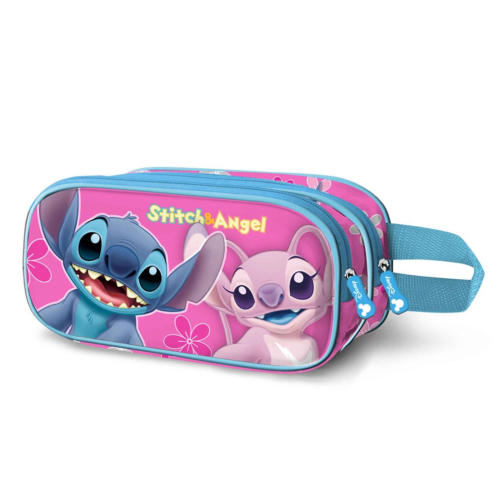 Trousse Scolaire Double Compartiment Lilo Et Stitch 3D - 22 X 9.5 Cm - Rose, Avec Fermeture Éclair Et Bord Gaufré