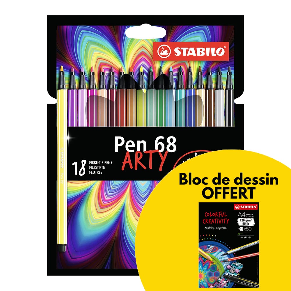 Coffret Stabilo Pen 68 – 18 Feutres Coloriage + Carnet Anti-stress – Couleurs Vives Et Pointe Ogive