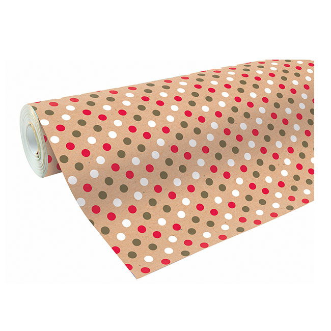 Gros Rouleau 50m papier cadeau Kraft Pois Rouge/Blanc/Vert