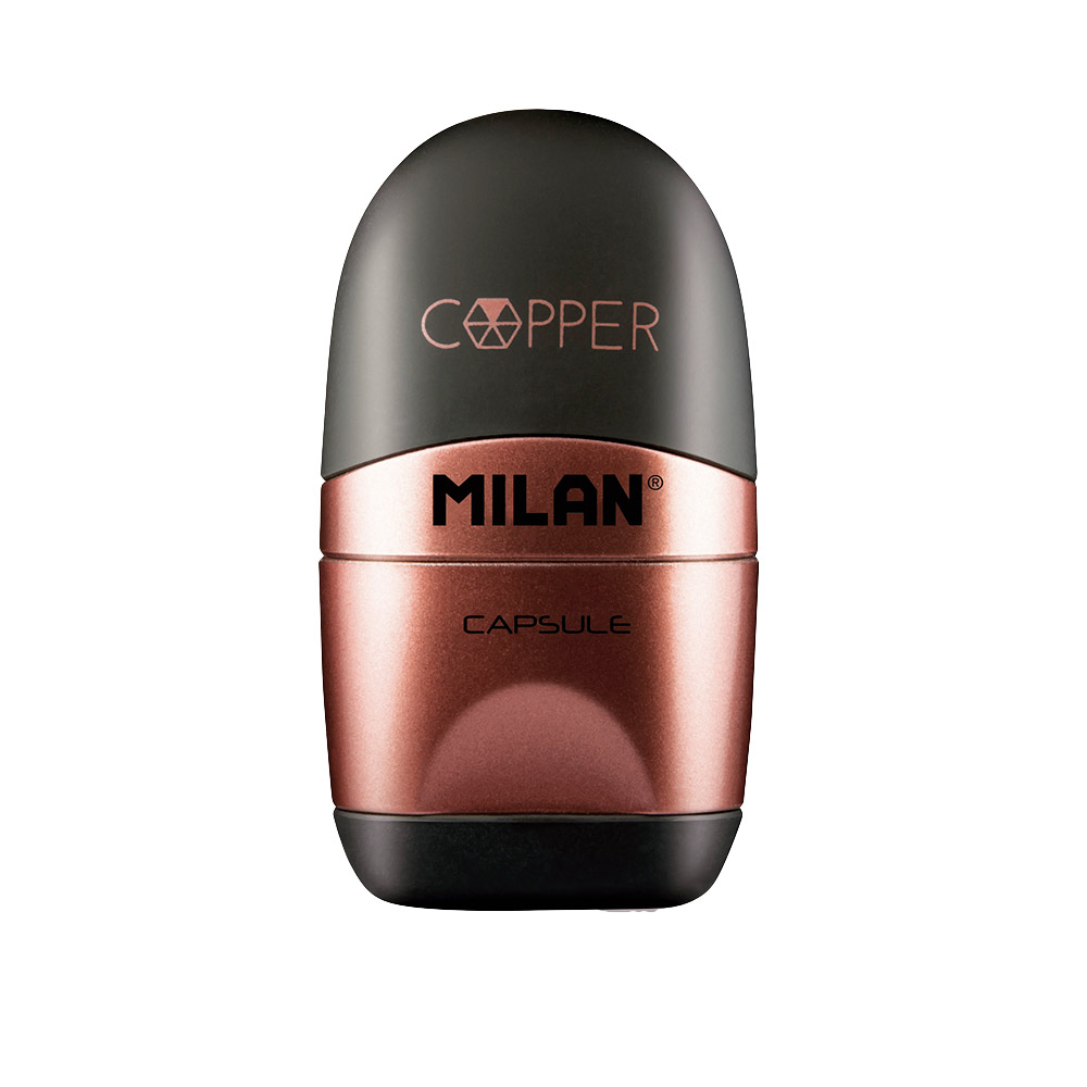 Taille-Crayons Avec Gomme Milan Capsule Copper - Lame Acier Sécurité - Design Noir Et Cuivre