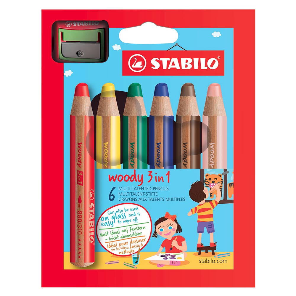 6 crayons de couleur STABILO Woody 3en1 + 1 taillecrayon Chez