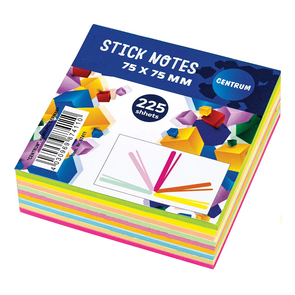 Bloc de 225 Notes adhésives repositionnables carré 75x75mm 9 couleurs